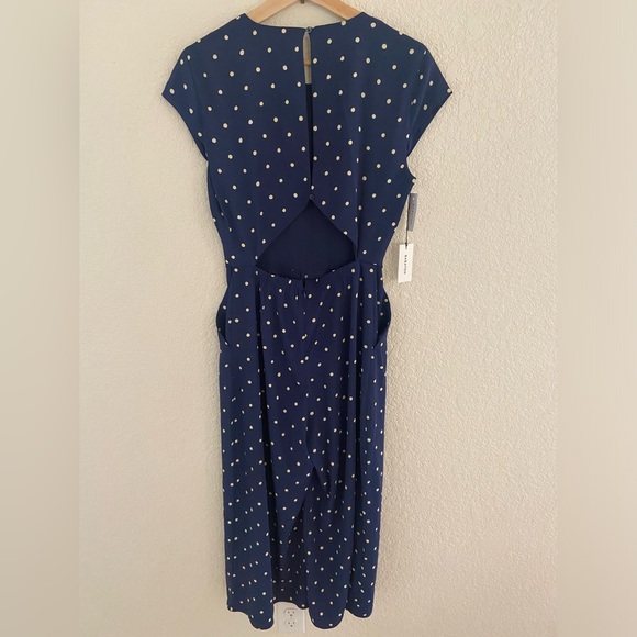 Aritzia Babaton Hamptons jumpsuit polka dot navy blue culottes cut-out back - Picture 3 of 5